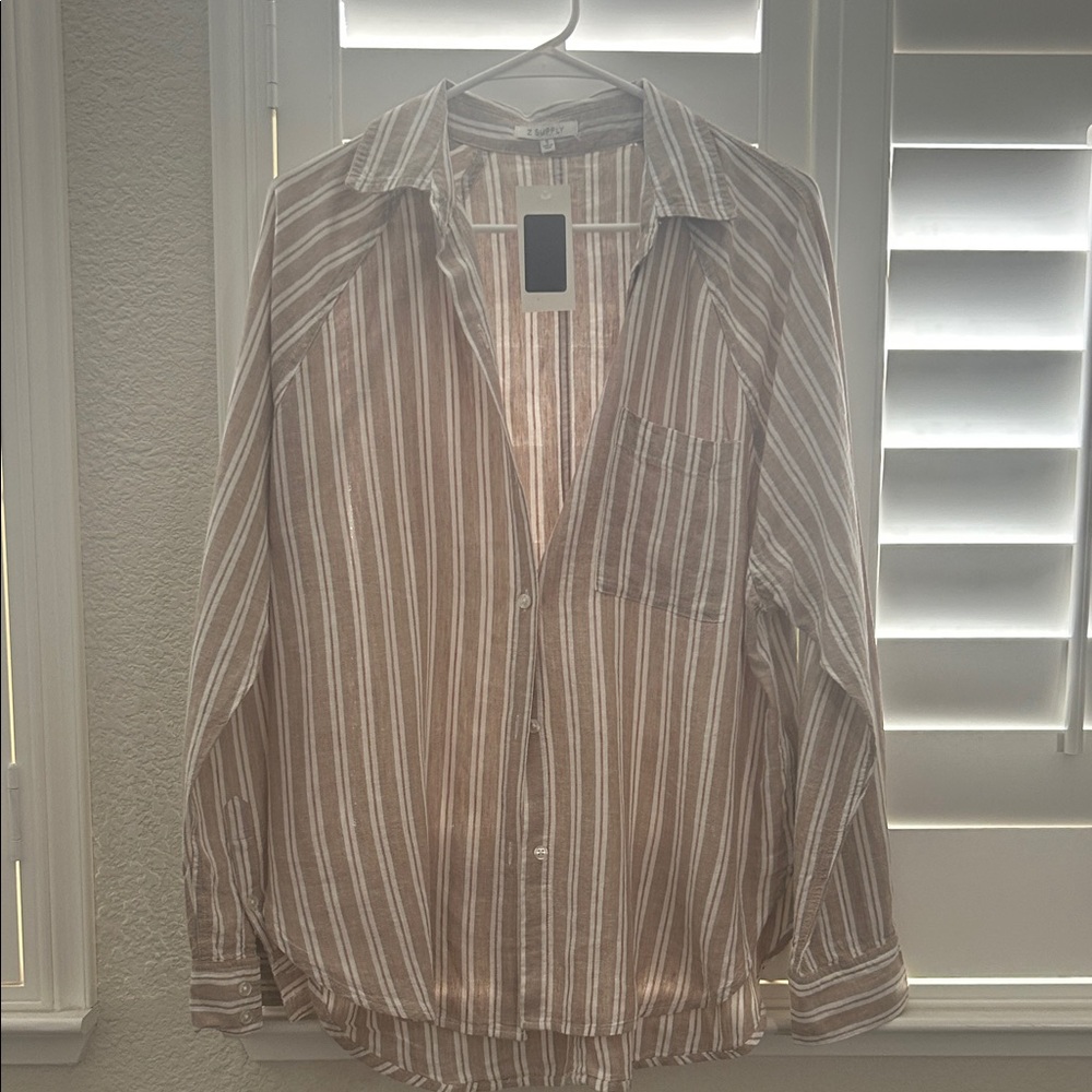 Z Supply Beige and White Striped Women's Button Down Shirt